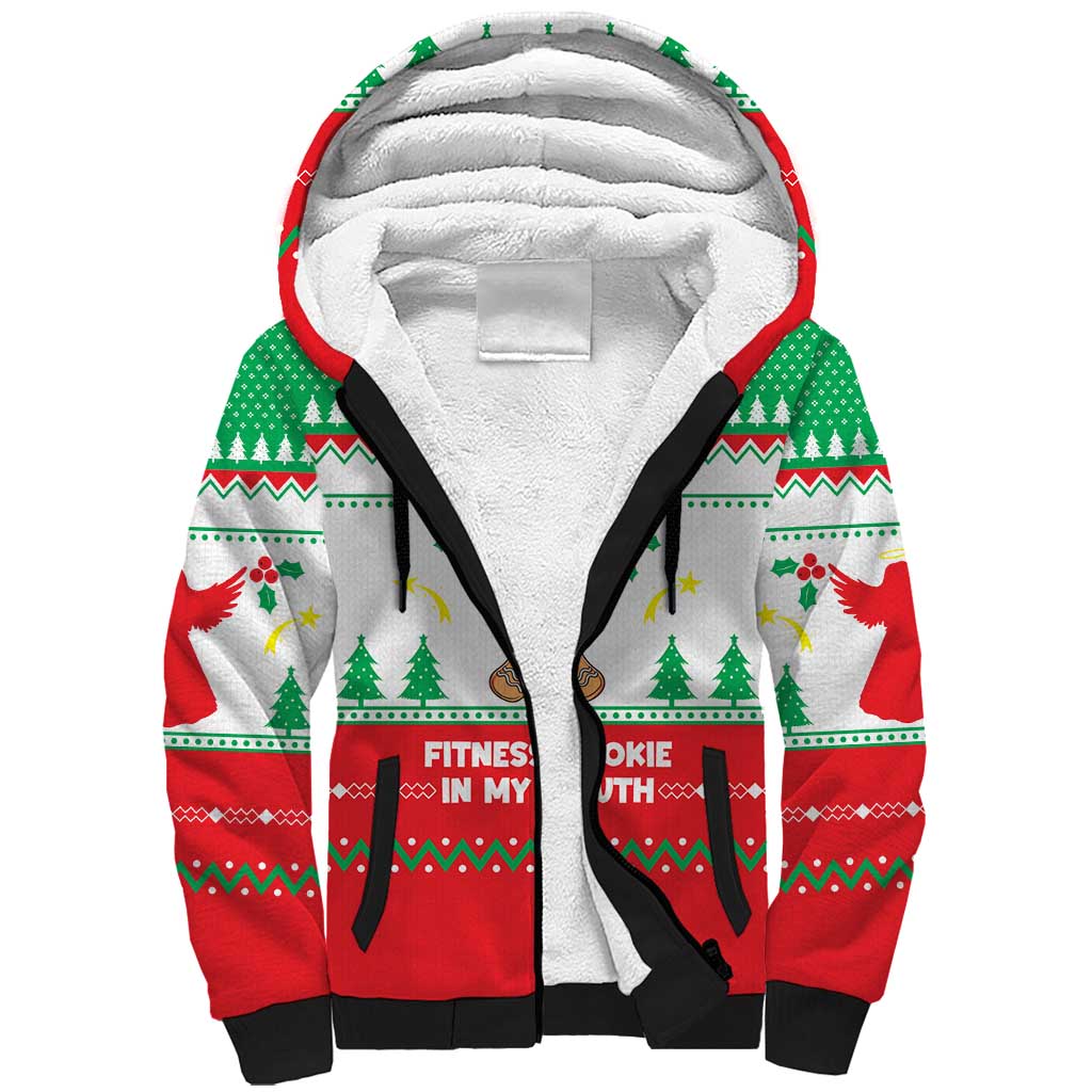 Funny Fitness Cookie Christmas Sherpa Hoodie with Gingerbread Design and Holiday Pattern - Wonder Print Shop