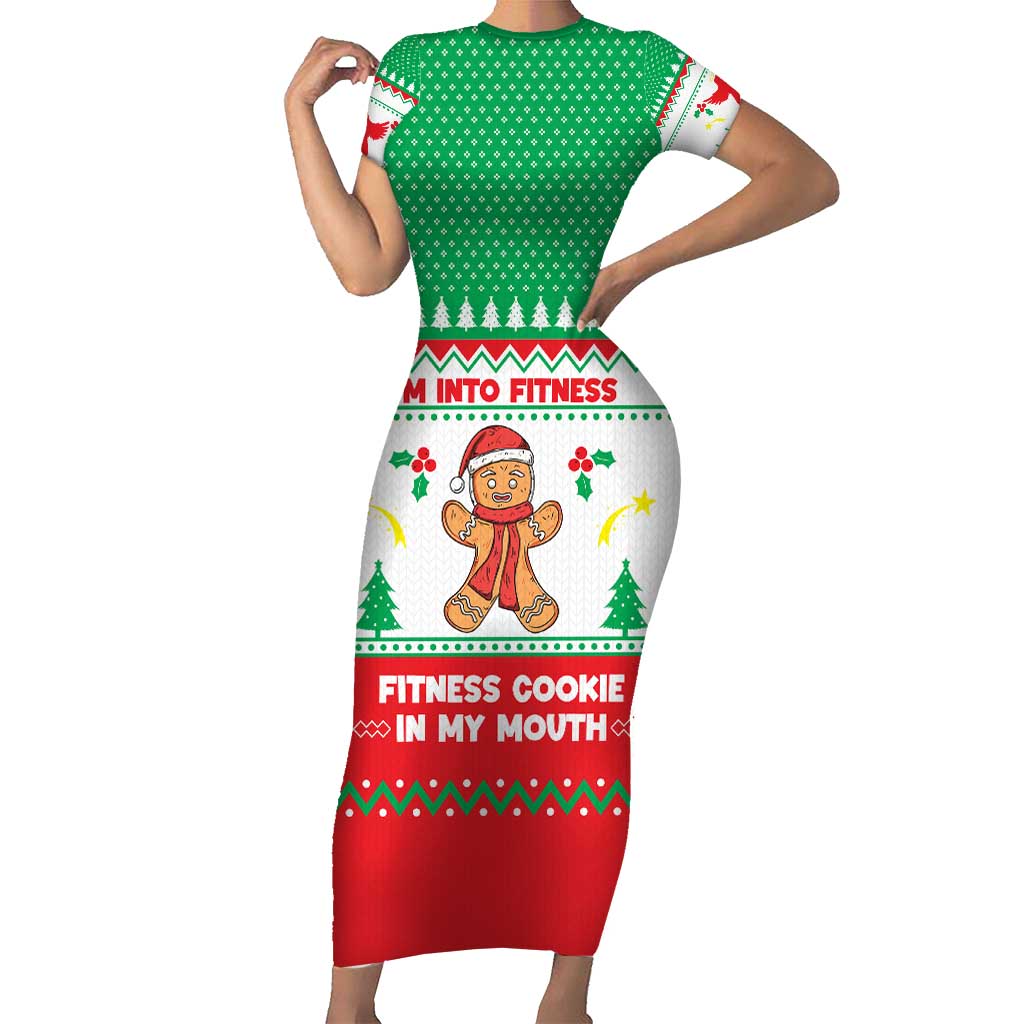 Funny Fitness Cookie Christmas Short Sleeve Bodycon Dress with Gingerbread Design and Holiday Pattern - Wonder Print Shop