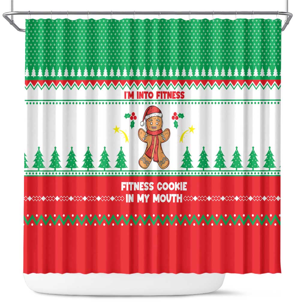 Funny Fitness Cookie Christmas Shower Curtain with Gingerbread Design and Holiday Pattern - Wonder Print Shop