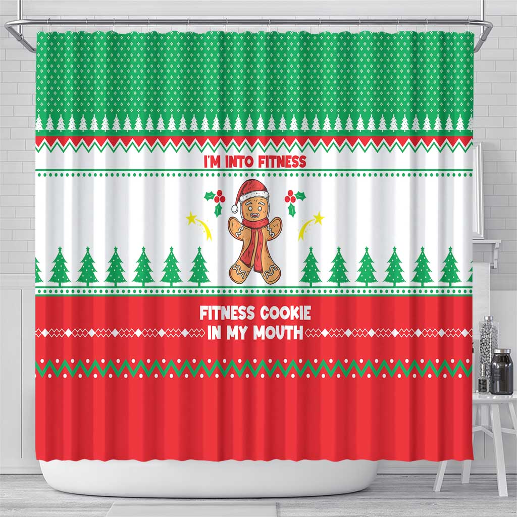 Funny Fitness Cookie Christmas Shower Curtain with Gingerbread Design and Holiday Pattern - Wonder Print Shop