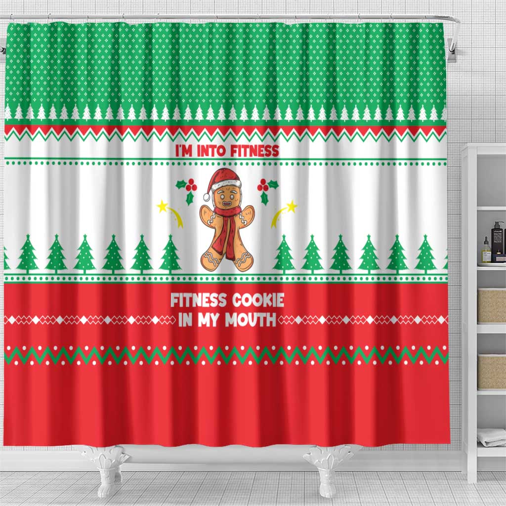 Funny Fitness Cookie Christmas Shower Curtain with Gingerbread Design and Holiday Pattern - Wonder Print Shop