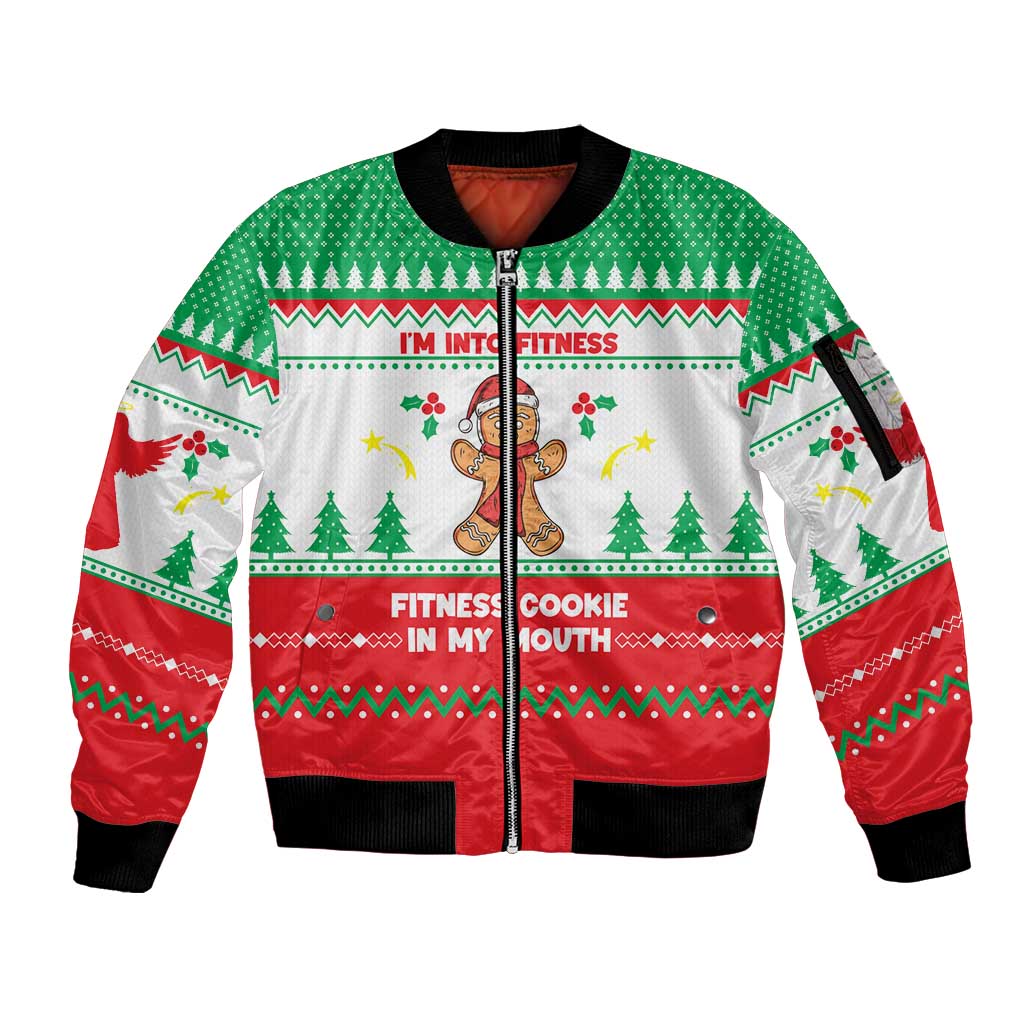 Funny Fitness Cookie Christmas Sleeve Zip Bomber Jacket with Gingerbread Design and Holiday Pattern - Wonder Print Shop