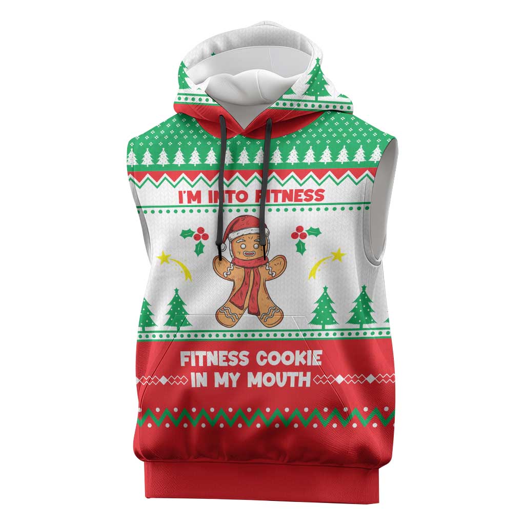 Funny Fitness Cookie Christmas Sleeveless Hoodie with Gingerbread Design and Holiday Pattern - Wonder Print Shop