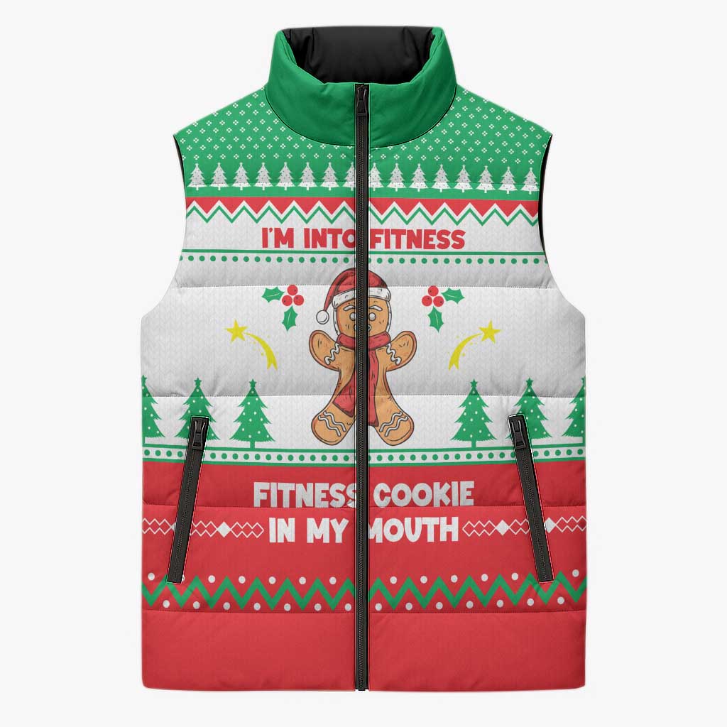 Funny Fitness Cookie Christmas Sleeveless Puffer Jacket with Gingerbread Design and Holiday Pattern - Wonder Print Shop