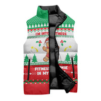 Funny Fitness Cookie Christmas Sleeveless Puffer Jacket with Gingerbread Design and Holiday Pattern - Wonder Print Shop