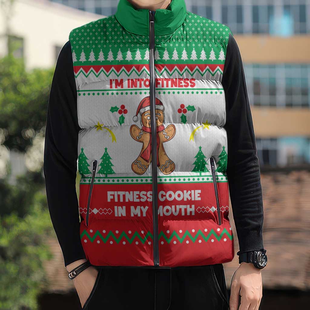 Funny Fitness Cookie Christmas Sleeveless Puffer Jacket with Gingerbread Design and Holiday Pattern - Wonder Print Shop