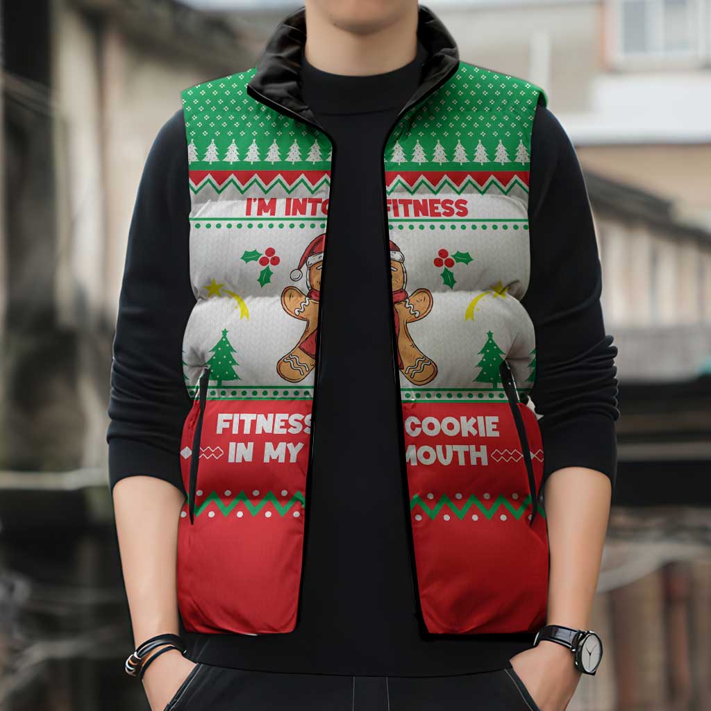 Funny Fitness Cookie Christmas Sleeveless Puffer Jacket with Gingerbread Design and Holiday Pattern - Wonder Print Shop