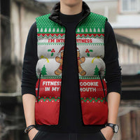 Funny Fitness Cookie Christmas Sleeveless Puffer Jacket with Gingerbread Design and Holiday Pattern - Wonder Print Shop
