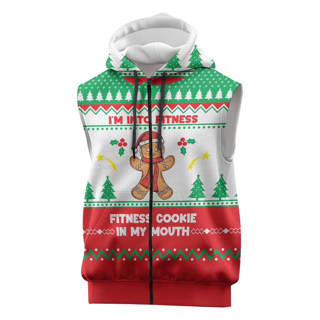 Funny Fitness Cookie Christmas Sleeveless Zip Hoodie with Gingerbread Design and Holiday Pattern - Wonder Print Shop
