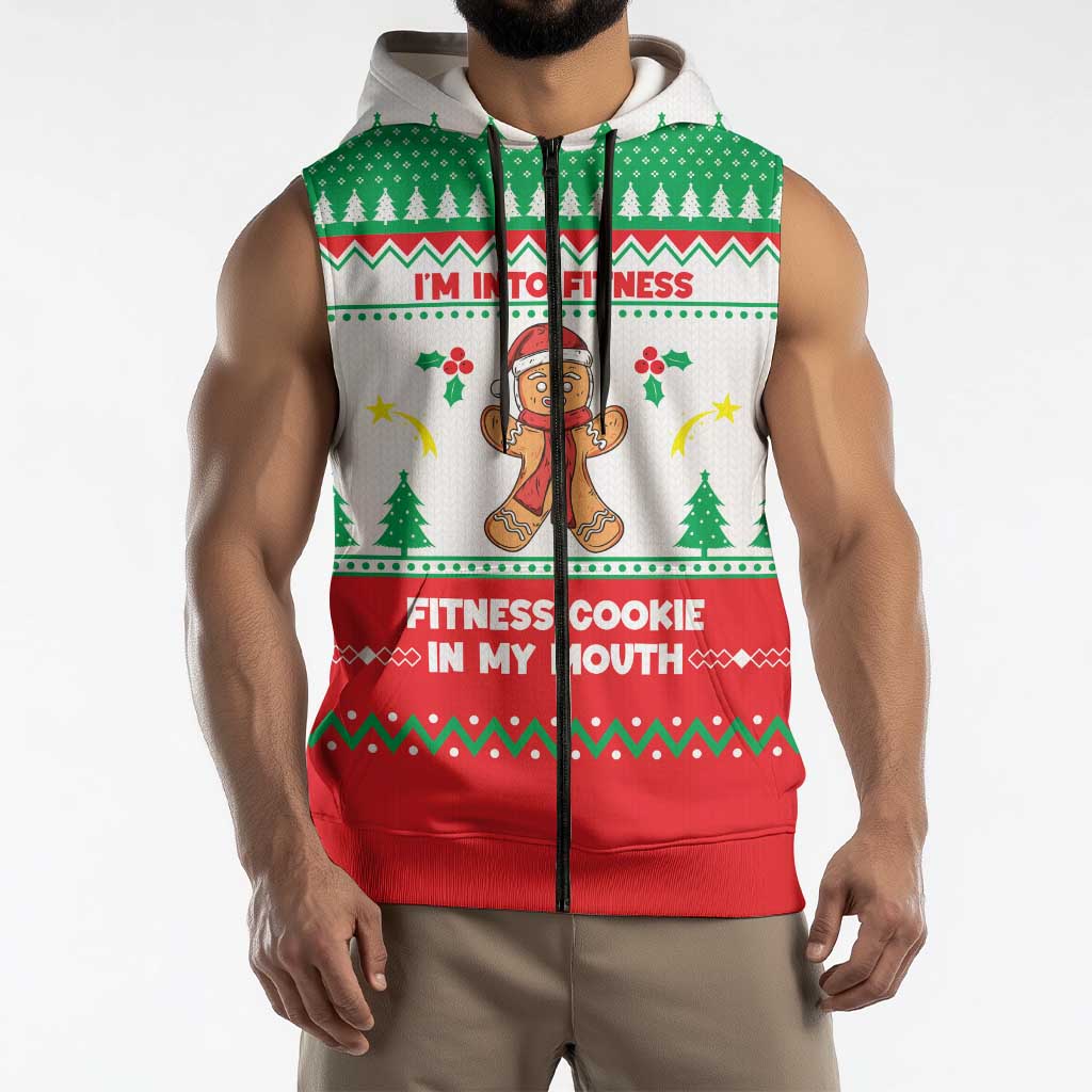 Funny Fitness Cookie Christmas Sleeveless Zip Hoodie with Gingerbread Design and Holiday Pattern - Wonder Print Shop