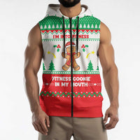 Funny Fitness Cookie Christmas Sleeveless Zip Hoodie with Gingerbread Design and Holiday Pattern - Wonder Print Shop