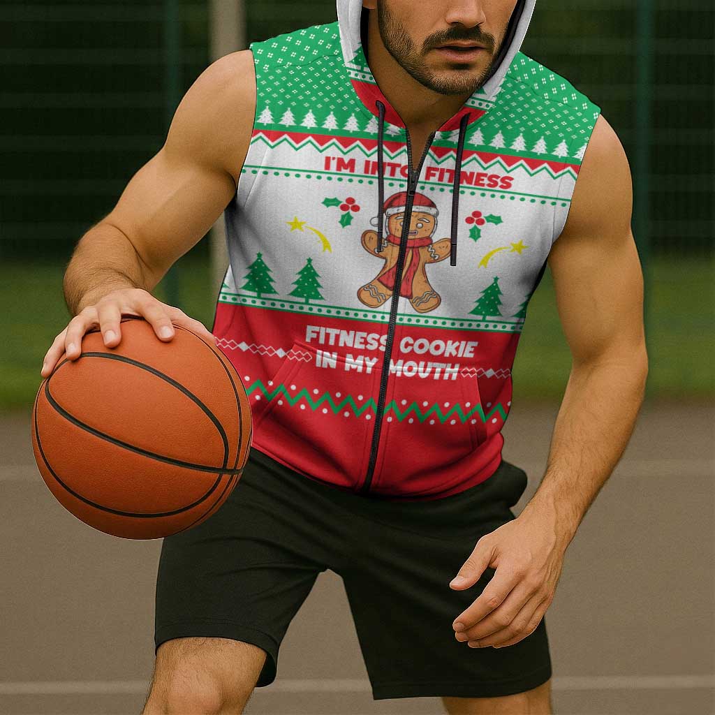 Funny Fitness Cookie Christmas Sleeveless Zip Hoodie with Gingerbread Design and Holiday Pattern - Wonder Print Shop