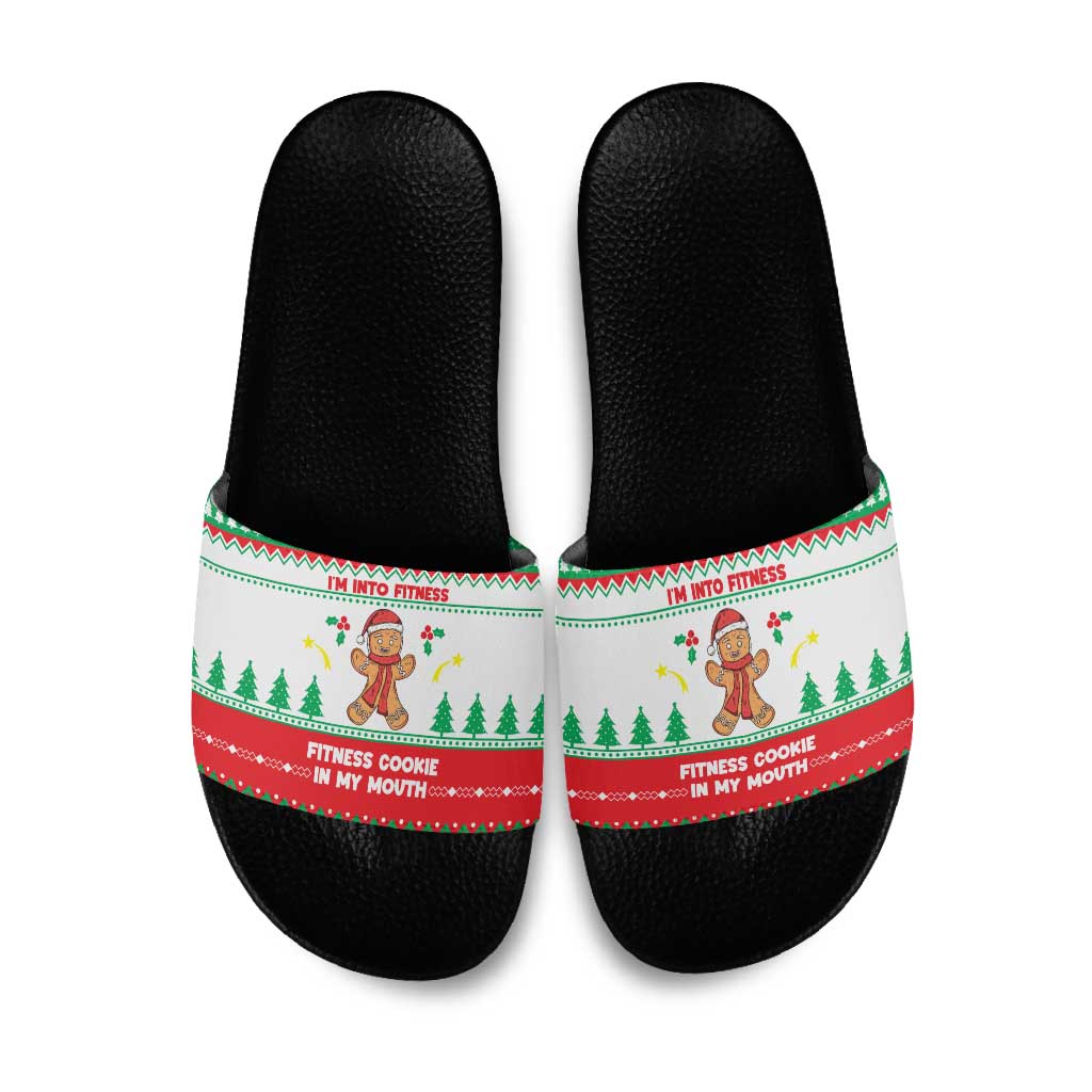 Funny Fitness Cookie Christmas Slide Sandals with Gingerbread Design and Holiday Pattern - Wonder Print Shop
