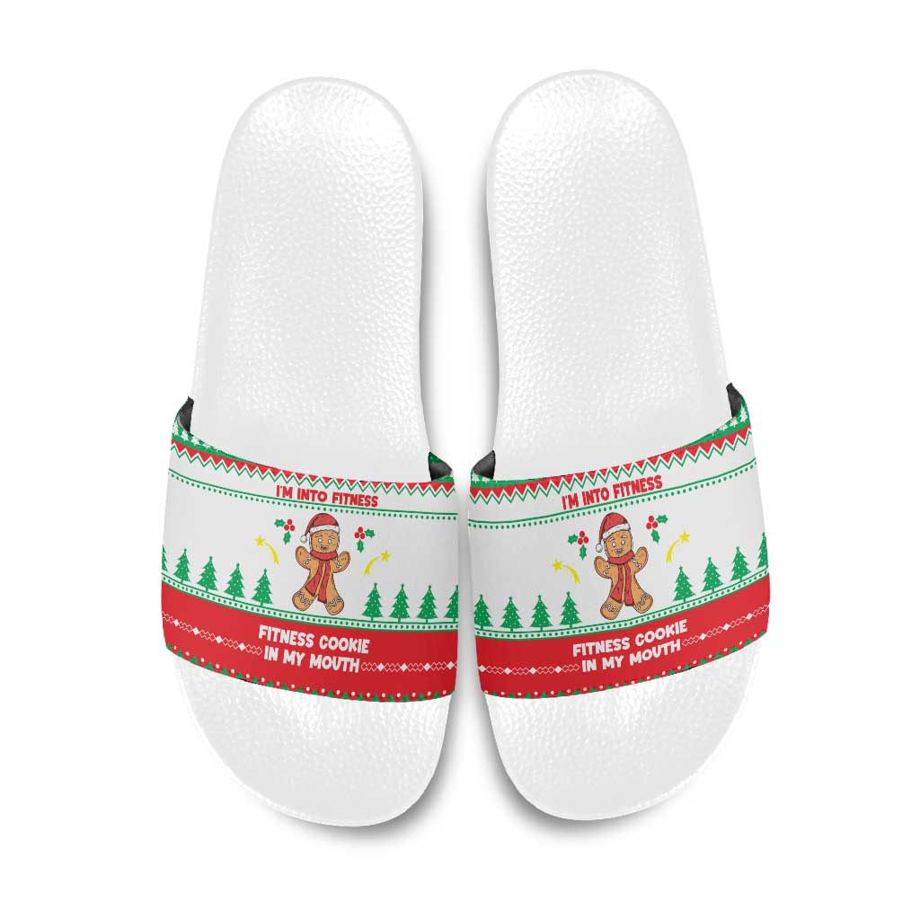 Funny Fitness Cookie Christmas Slide Sandals with Gingerbread Design and Holiday Pattern - Wonder Print Shop