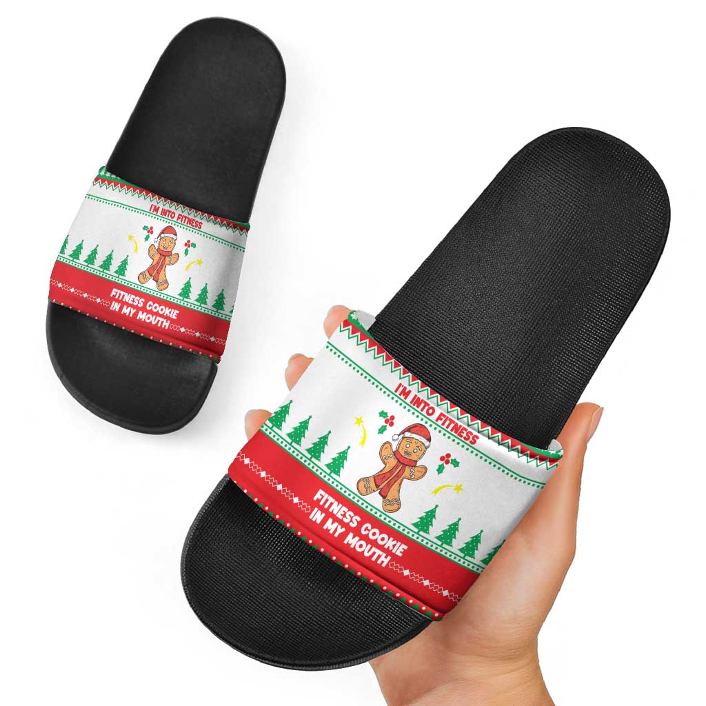 Funny Fitness Cookie Christmas Slide Sandals with Gingerbread Design and Holiday Pattern - Wonder Print Shop