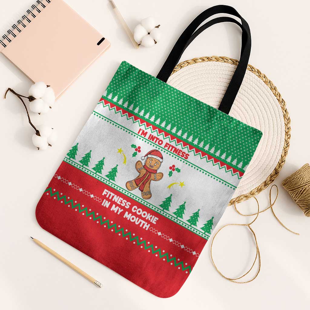 Funny Fitness Cookie Christmas Tote Bag with Gingerbread Design and Holiday Pattern - Wonder Print Shop