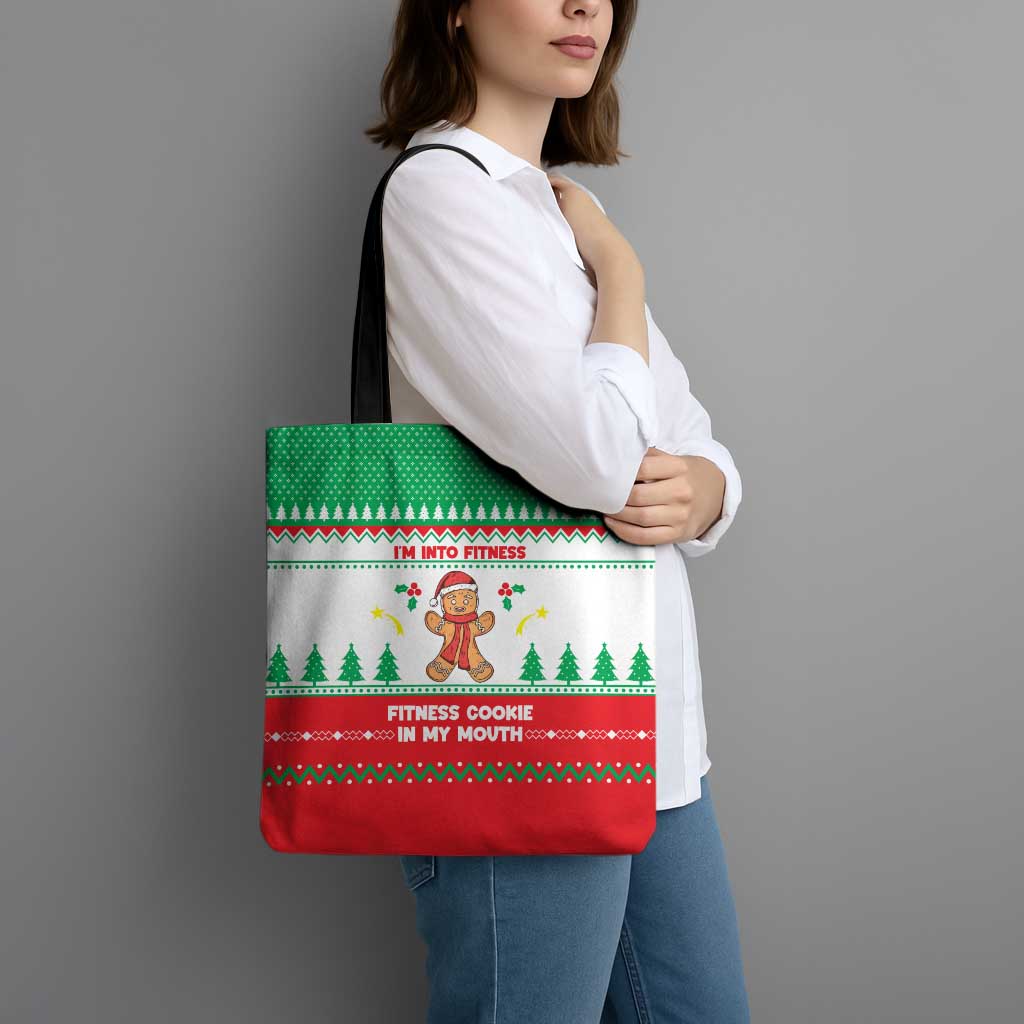 Funny Fitness Cookie Christmas Tote Bag with Gingerbread Design and Holiday Pattern - Wonder Print Shop