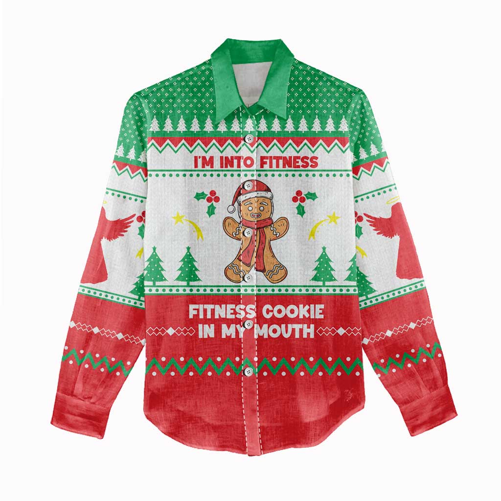 Funny Fitness Cookie Christmas Women Casual Shirt with Gingerbread Design and Holiday Pattern - Wonder Print Shop