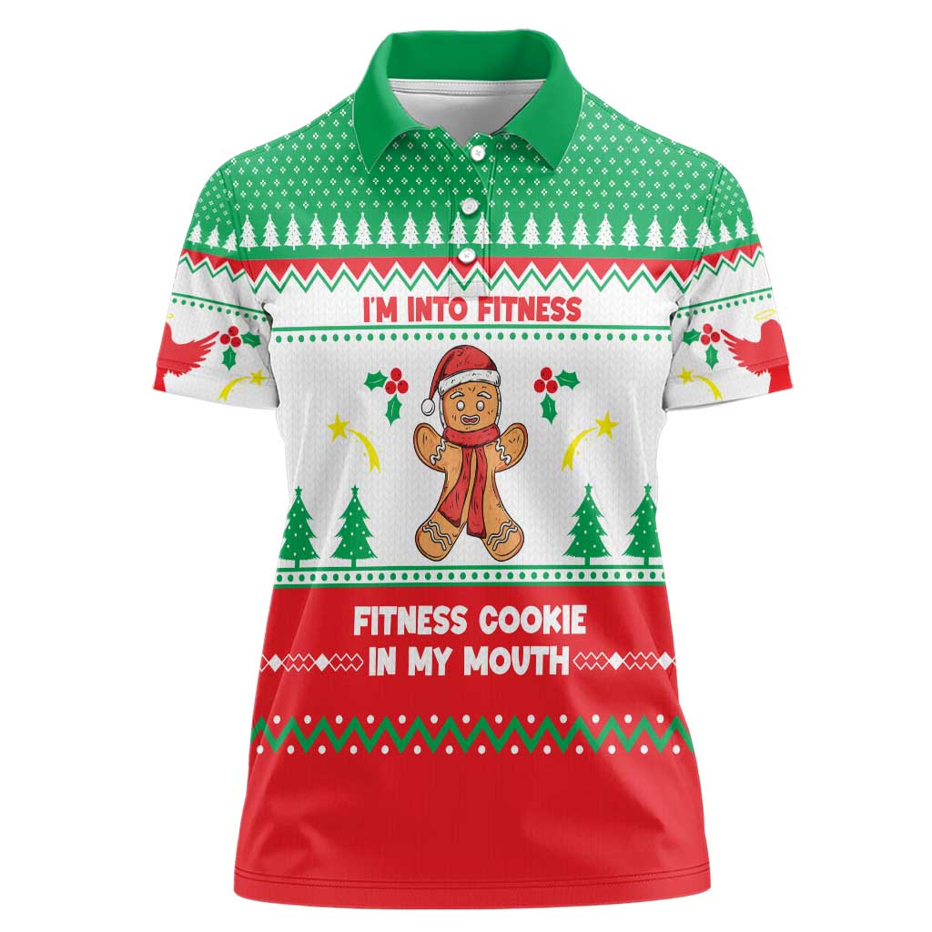 Funny Fitness Cookie Christmas Women Polo Shirt with Gingerbread Design and Holiday Pattern - Wonder Print Shop
