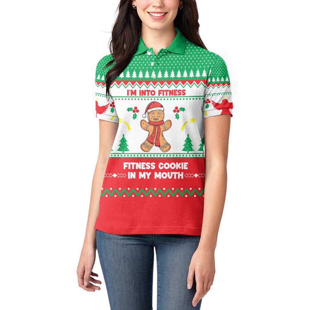 Funny Fitness Cookie Christmas Women Polo Shirt with Gingerbread Design and Holiday Pattern - Wonder Print Shop