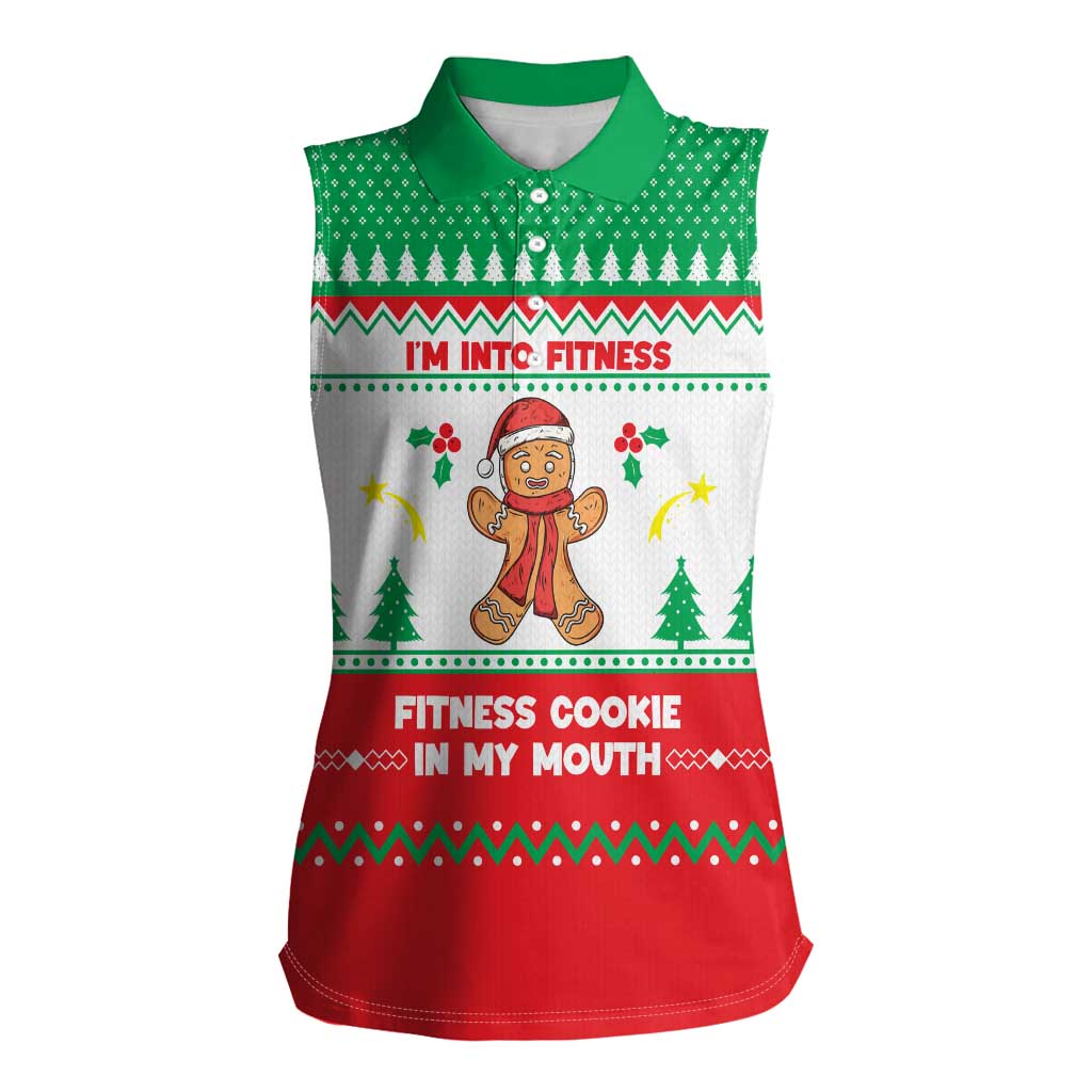 Funny Fitness Cookie Christmas Women Sleeveless Polo Shirt with Gingerbread Design and Holiday Pattern - Wonder Print Shop