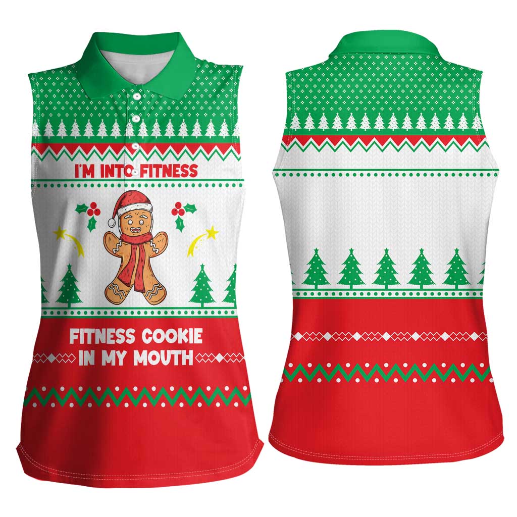 Funny Fitness Cookie Christmas Women Sleeveless Polo Shirt with Gingerbread Design and Holiday Pattern - Wonder Print Shop