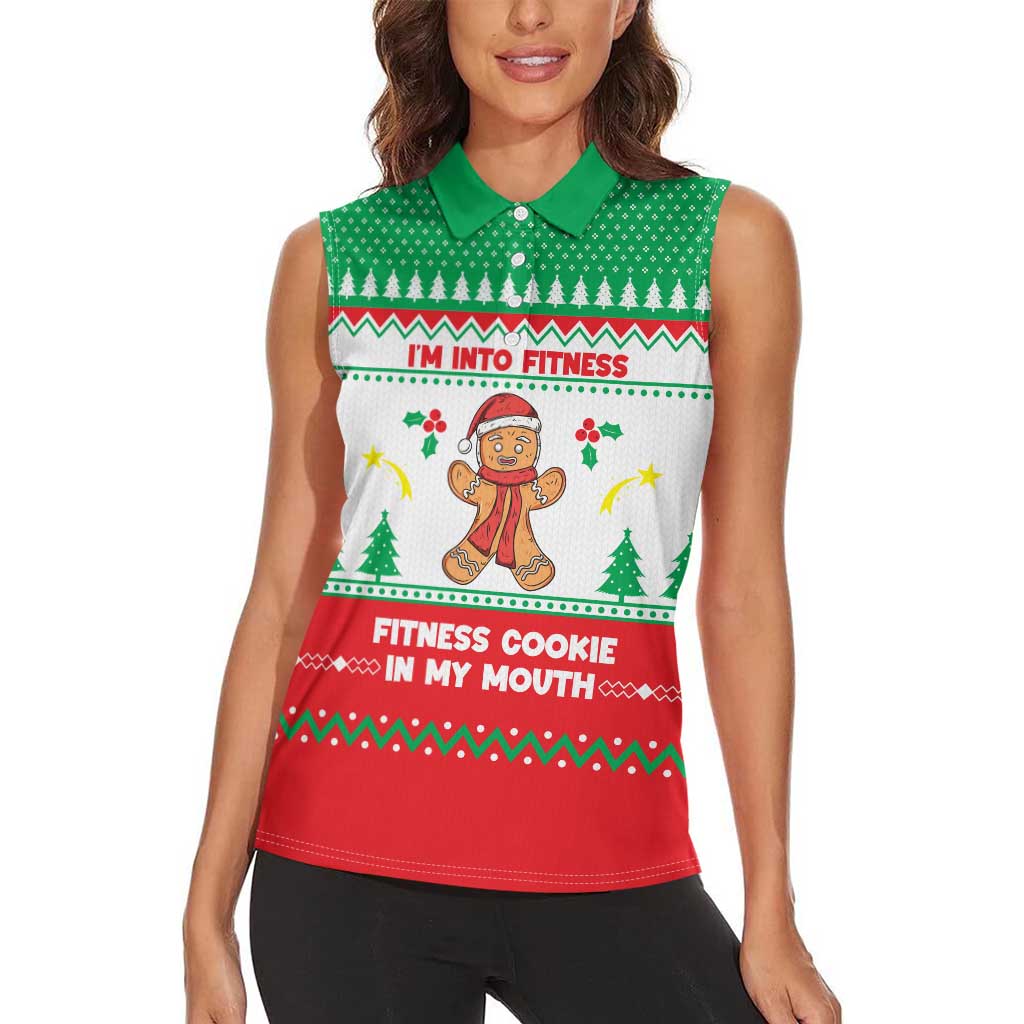 Funny Fitness Cookie Christmas Women Sleeveless Polo Shirt with Gingerbread Design and Holiday Pattern - Wonder Print Shop