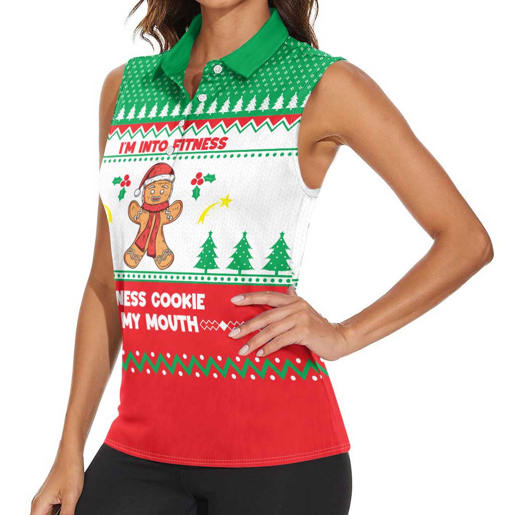 Funny Fitness Cookie Christmas Women Sleeveless Polo Shirt with Gingerbread Design and Holiday Pattern - Wonder Print Shop