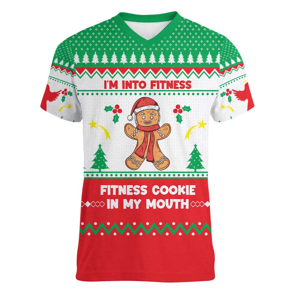 Funny Fitness Cookie Christmas Women V-Neck T-Shirt with Gingerbread Design and Holiday Pattern - Wonder Print Shop