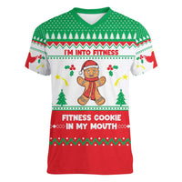 Funny Fitness Cookie Christmas Women V-Neck T-Shirt with Gingerbread Design and Holiday Pattern - Wonder Print Shop