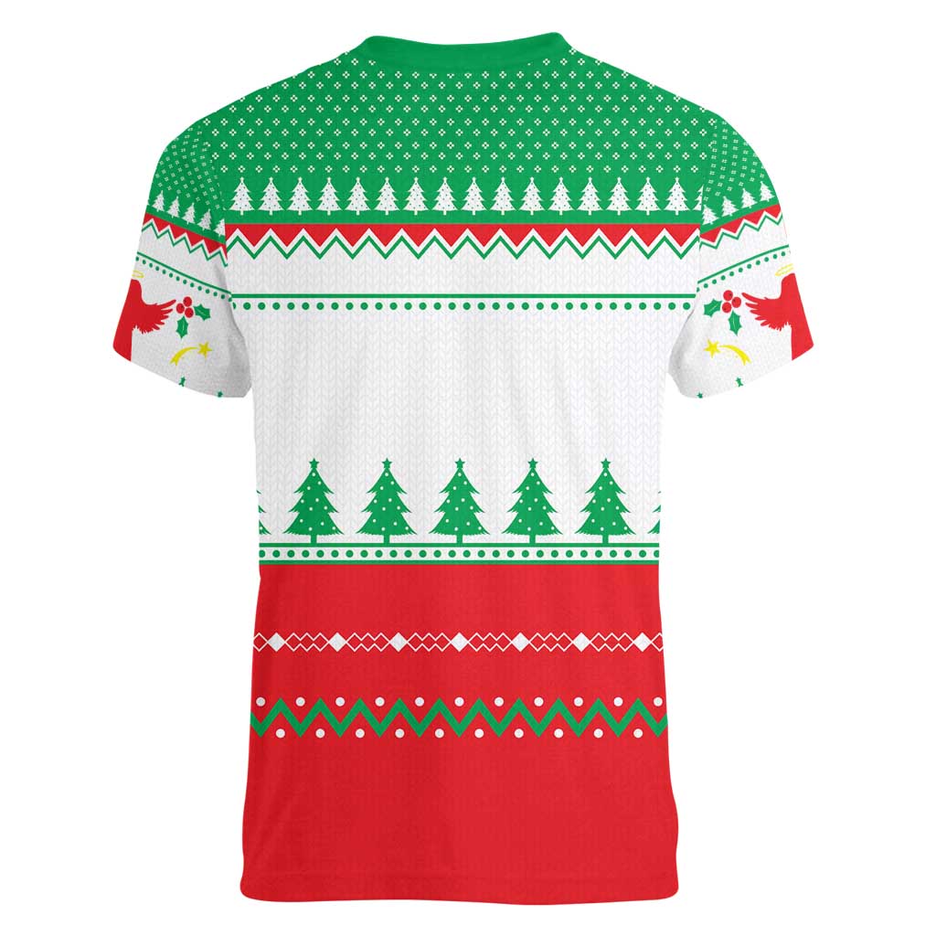 Funny Fitness Cookie Christmas Women V-Neck T-Shirt with Gingerbread Design and Holiday Pattern - Wonder Print Shop