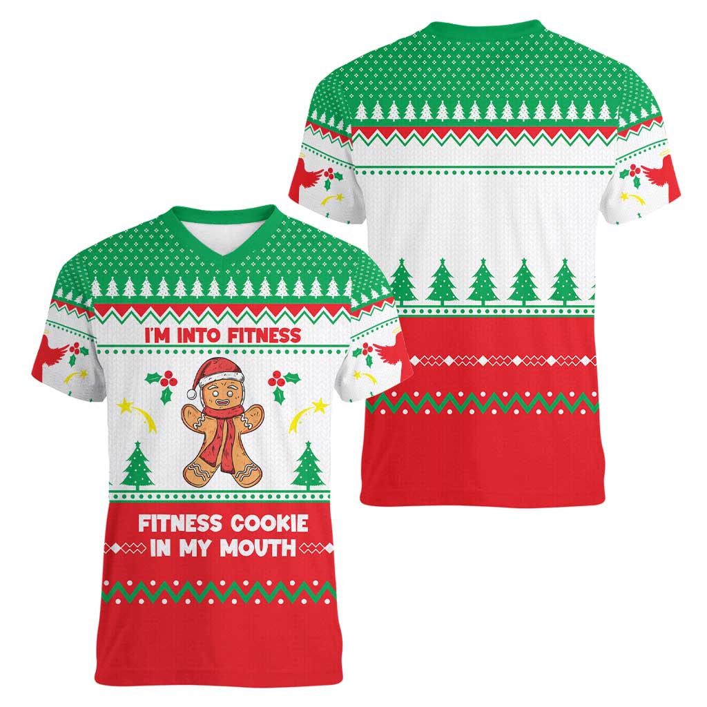 Funny Fitness Cookie Christmas Women V-Neck T-Shirt with Gingerbread Design and Holiday Pattern - Wonder Print Shop