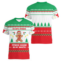 Funny Fitness Cookie Christmas Women V-Neck T-Shirt with Gingerbread Design and Holiday Pattern - Wonder Print Shop