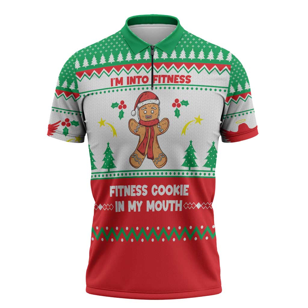 Funny Fitness Cookie Christmas Zipper Polo Shirt with Gingerbread Design and Holiday Pattern - Wonder Print Shop
