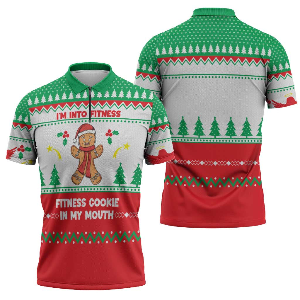 Funny Fitness Cookie Christmas Zipper Polo Shirt with Gingerbread Design and Holiday Pattern - Wonder Print Shop