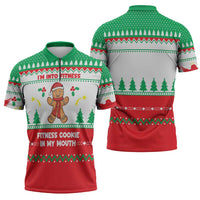 Funny Fitness Cookie Christmas Zipper Polo Shirt with Gingerbread Design and Holiday Pattern - Wonder Print Shop
