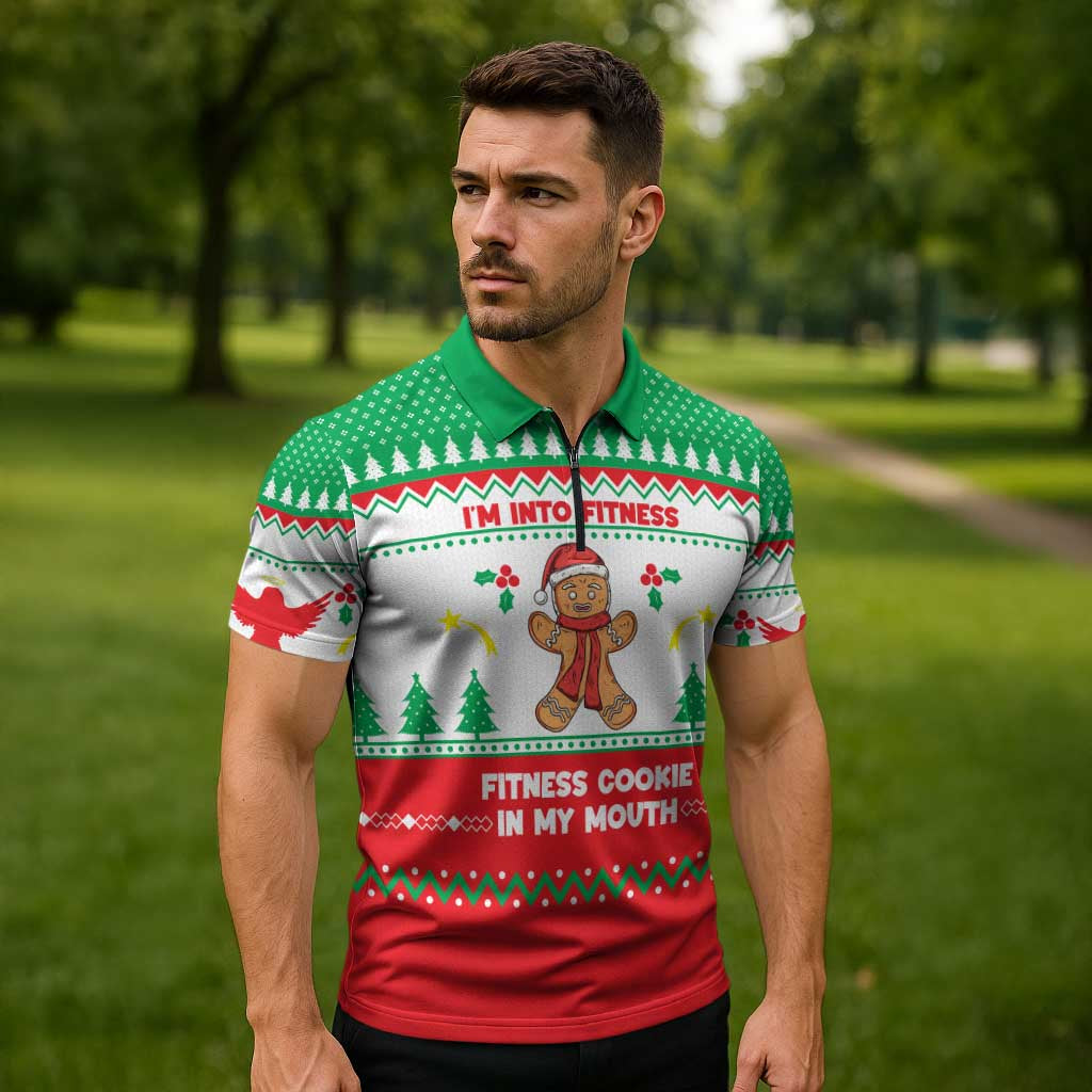 Funny Fitness Cookie Christmas Zipper Polo Shirt with Gingerbread Design and Holiday Pattern - Wonder Print Shop