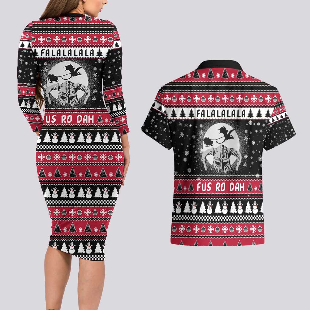 Fa La La La Snowman Tree Xmas Christmas Couples Matching Long Sleeve Bodycon Dress and Hawaiian Shirt Xmas Holiday Patterns - Wonder Print Shop