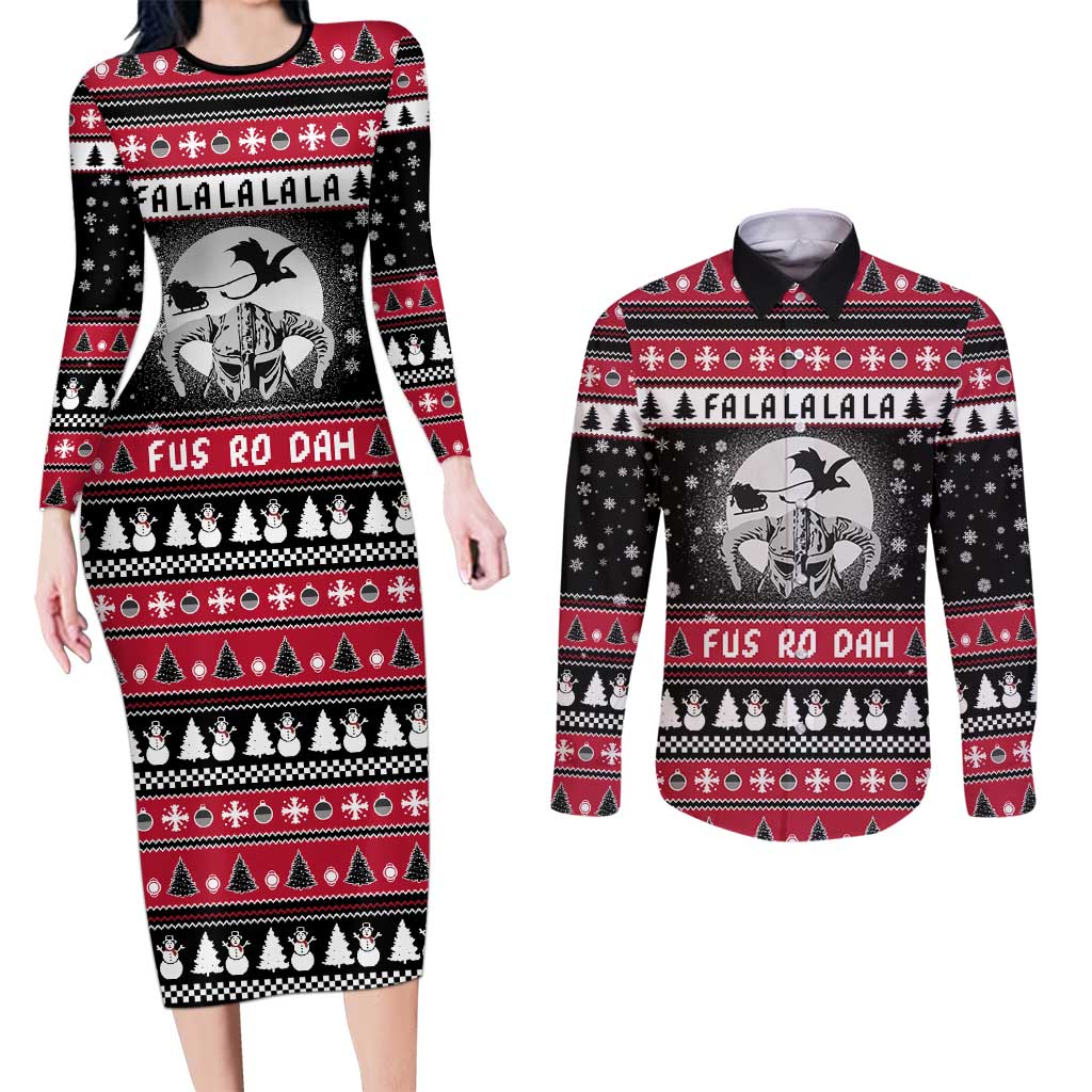 Fa La La La Snowman Tree Xmas Christmas Couples Matching Long Sleeve Bodycon Dress and Long Sleeve Button Shirt Xmas Holiday Patterns - Wonder Print Shop