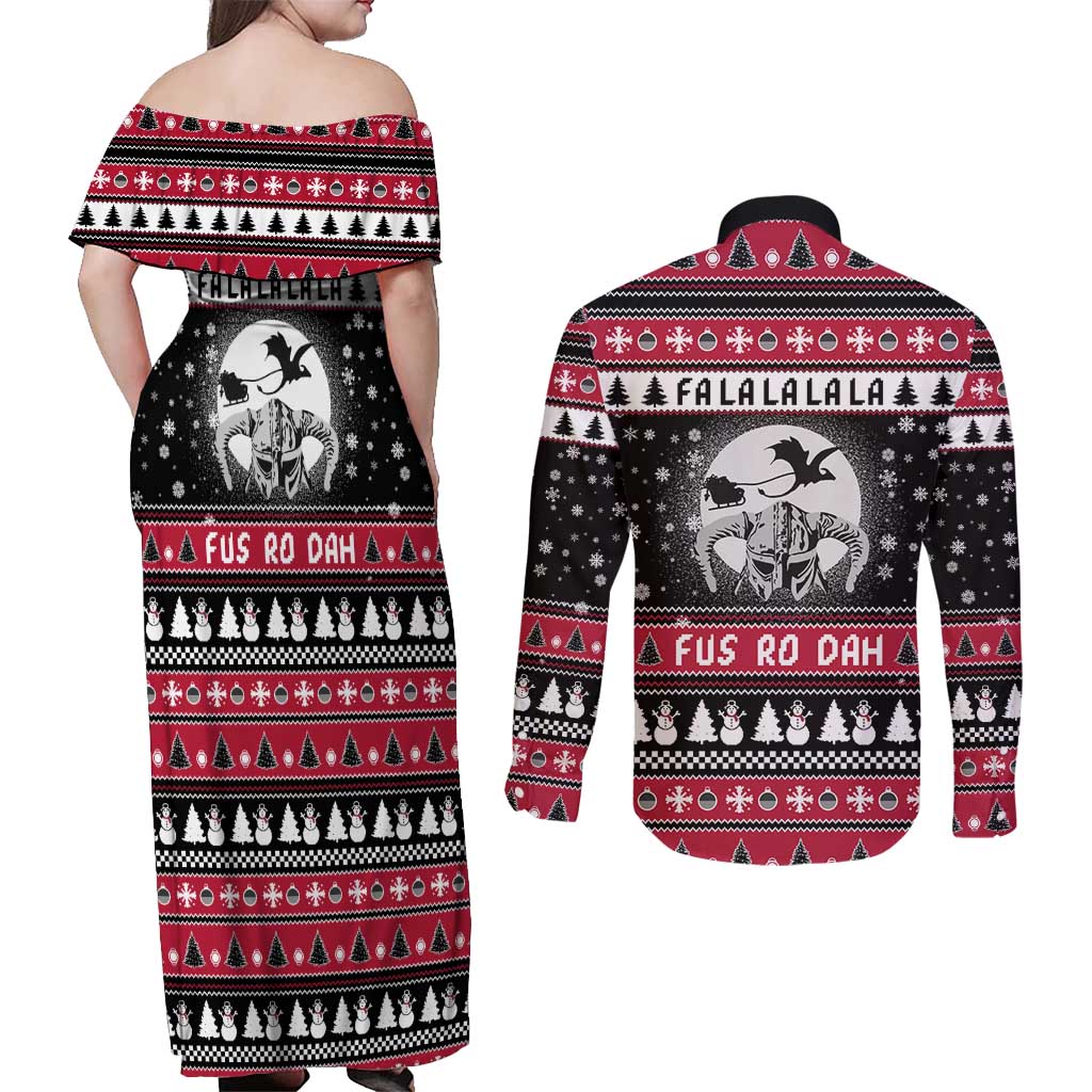 Fa La La La Snowman Tree Xmas Christmas Couples Matching Off Shoulder Maxi Dress and Long Sleeve Button Shirt Xmas Holiday Patterns - Wonder Print Shop
