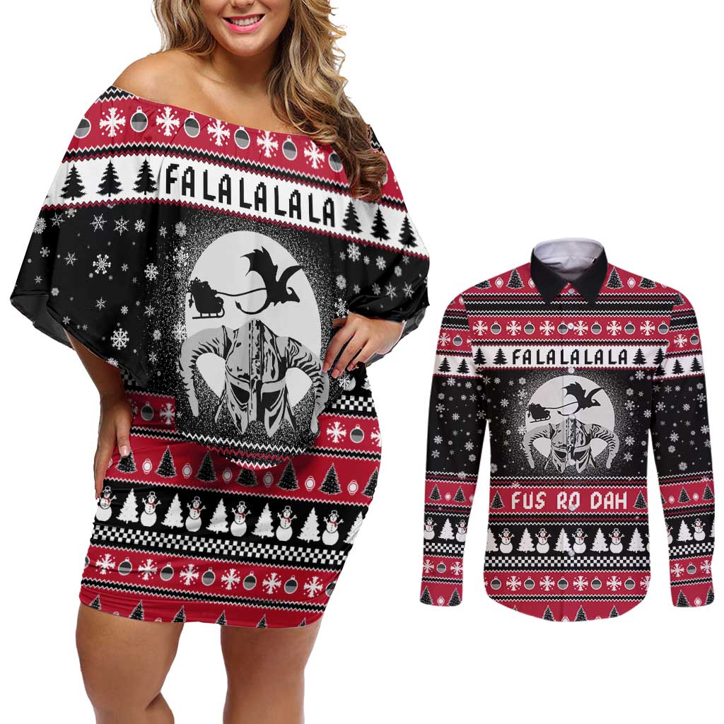 Fa La La La Snowman Tree Xmas Christmas Couples Matching Off Shoulder Short Dress and Long Sleeve Button Shirt Xmas Holiday Patterns - Wonder Print Shop