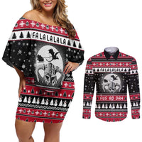 Fa La La La Snowman Tree Xmas Christmas Couples Matching Off Shoulder Short Dress and Long Sleeve Button Shirt Xmas Holiday Patterns - Wonder Print Shop