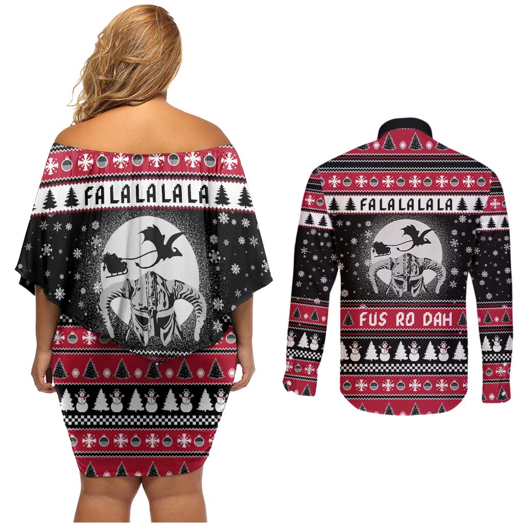 Fa La La La Snowman Tree Xmas Christmas Couples Matching Off Shoulder Short Dress and Long Sleeve Button Shirt Xmas Holiday Patterns - Wonder Print Shop