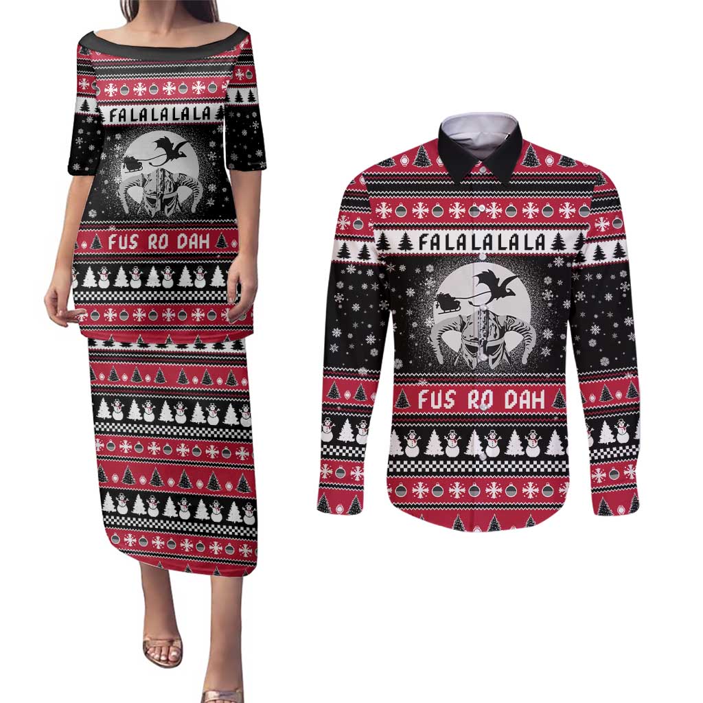 Fa La La La Snowman Tree Xmas Christmas Couples Matching Puletasi and Long Sleeve Button Shirt Xmas Holiday Patterns - Wonder Print Shop