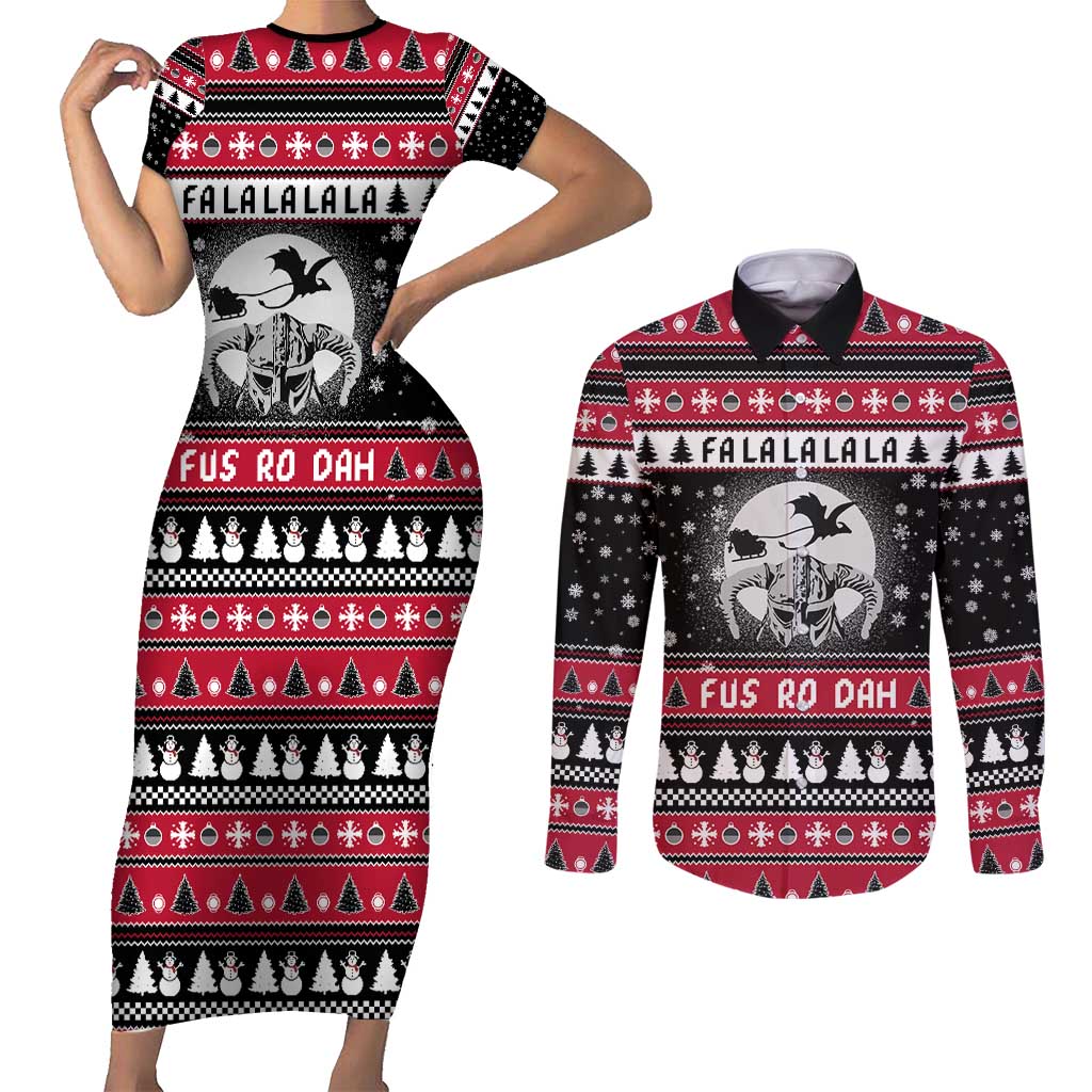 Fa La La La Snowman Tree Xmas Christmas Couples Matching Short Sleeve Bodycon Dress and Long Sleeve Button Shirt Xmas Holiday Patterns - Wonder Print Shop