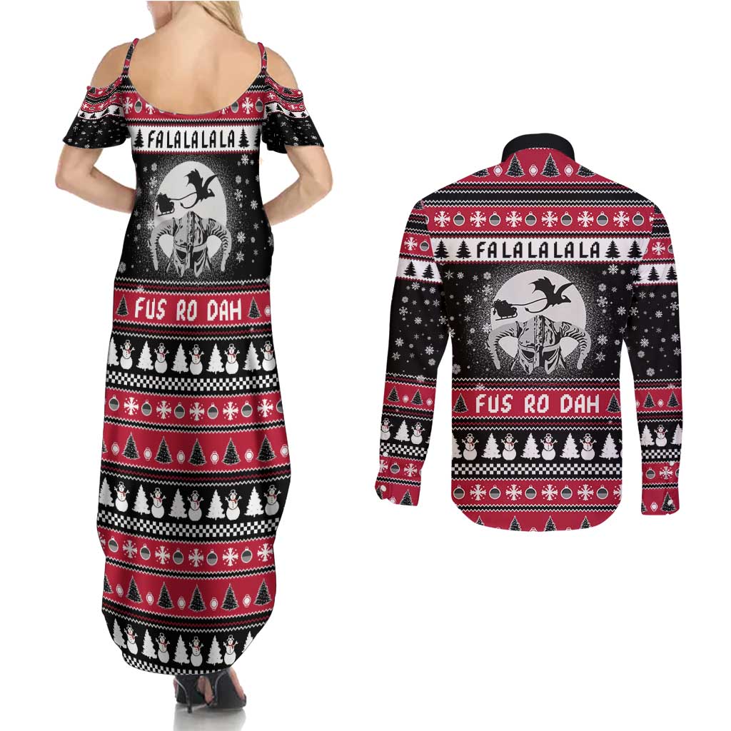 Fa La La La Snowman Tree Xmas Christmas Couples Matching Summer Maxi Dress and Long Sleeve Button Shirt Xmas Holiday Patterns - Wonder Print Shop