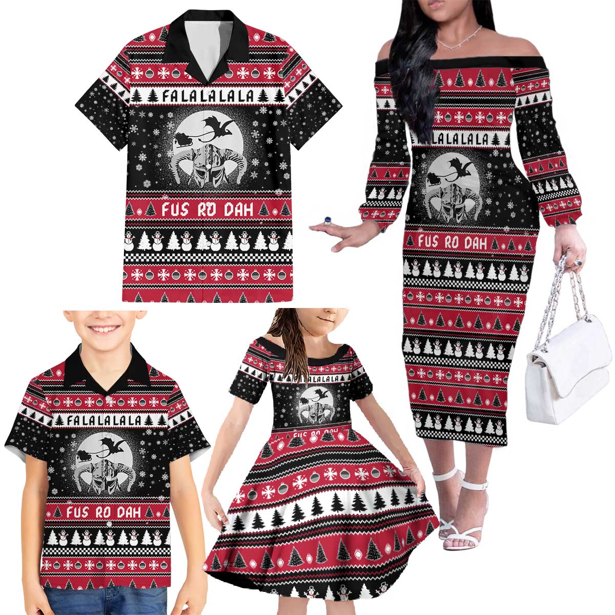 Fa La La La Snowman Tree Xmas Christmas Family Matching Off The Shoulder Long Sleeve Dress and Hawaiian Shirt Xmas Holiday Patterns - Wonder Print Shop