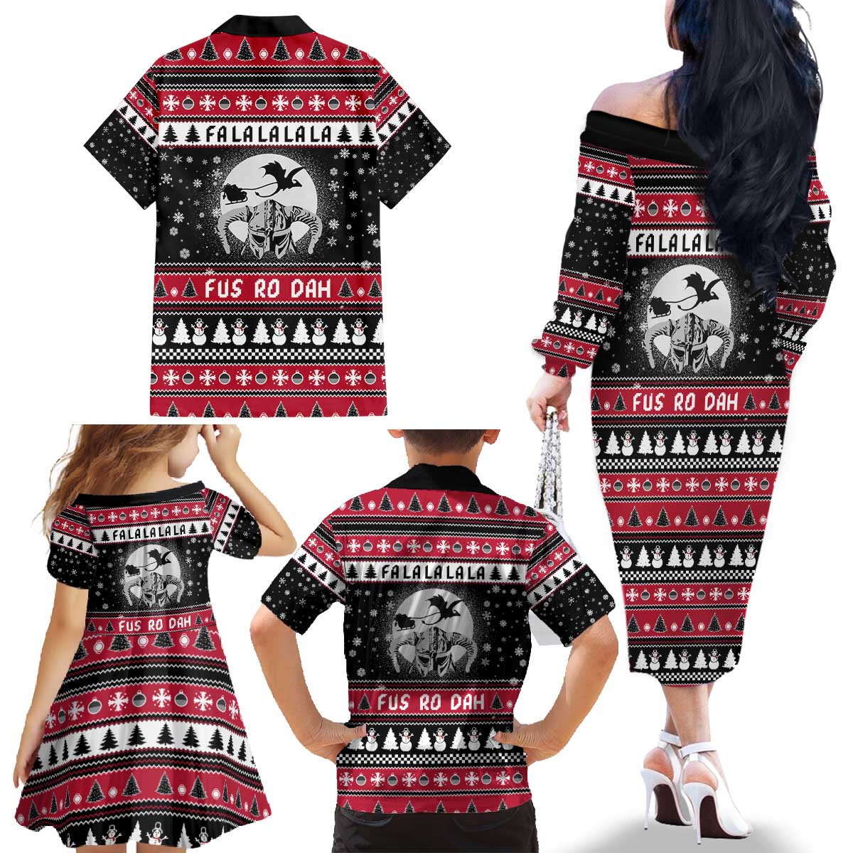 Fa La La La Snowman Tree Xmas Christmas Family Matching Off The Shoulder Long Sleeve Dress and Hawaiian Shirt Xmas Holiday Patterns - Wonder Print Shop