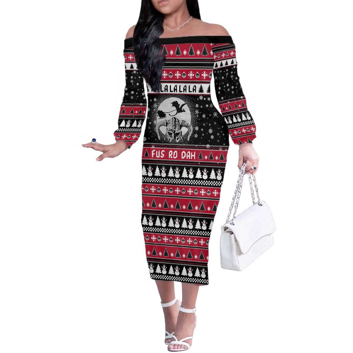 Fa La La La Snowman Tree Xmas Christmas Family Matching Off The Shoulder Long Sleeve Dress and Hawaiian Shirt Xmas Holiday Patterns - Wonder Print Shop