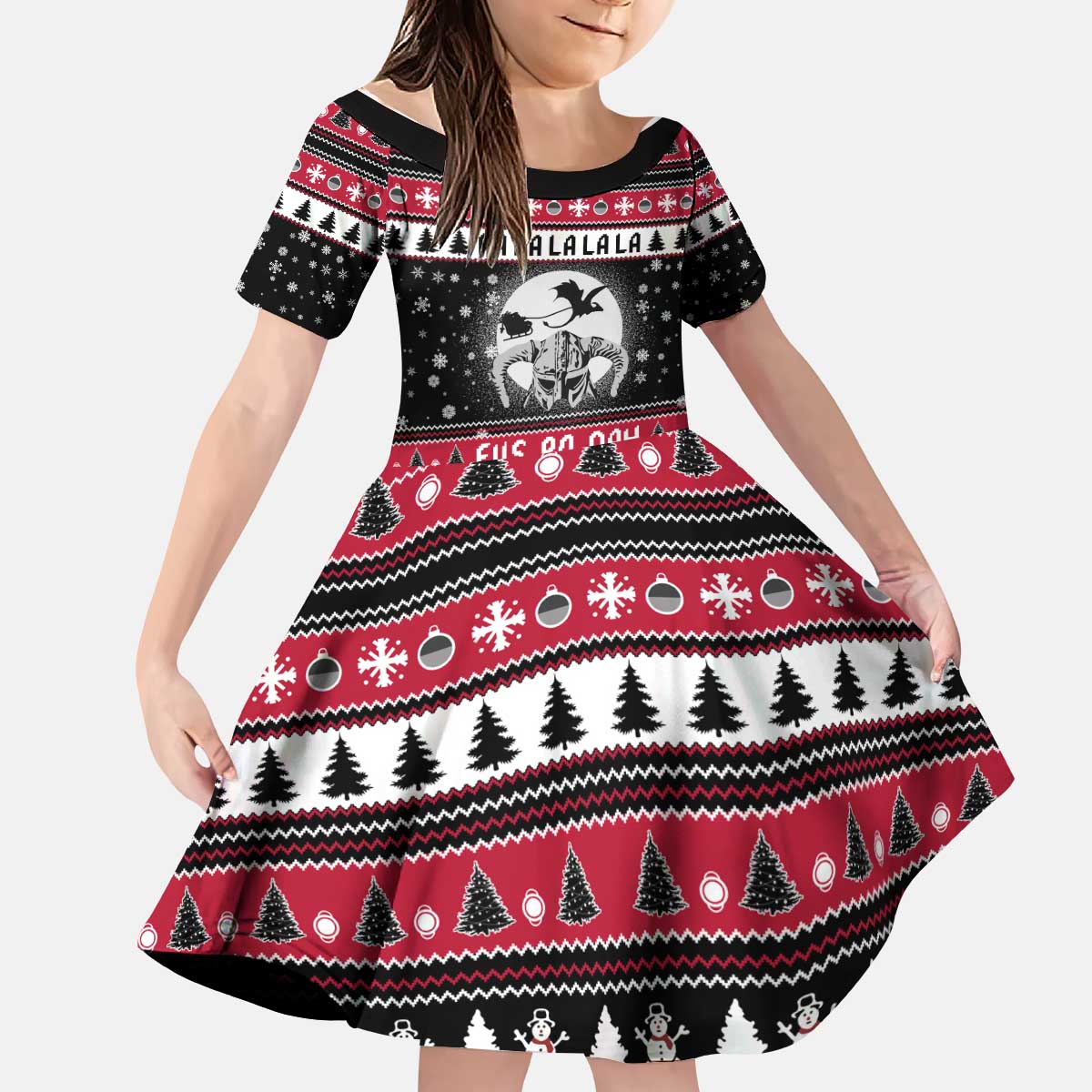 Fa La La La Snowman Tree Xmas Christmas Kid Short Sleeve Dress Xmas Holiday Patterns - Wonder Print Shop